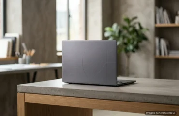 Portátil gris cerrado sobre una mesa de hormigón en una oficina moderna con estanterías de madera al fondo. Imagen generada con IA.