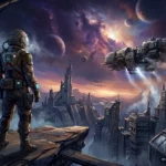Astronauta con traje de combate en un acantilado observa una ciudad futurista bajo un cielo con planetas y una nave espacial en vuelo. Imagen generada con IA.