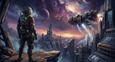 Astronauta con traje de combate en un acantilado observa una ciudad futurista bajo un cielo con planetas y una nave espacial en vuelo. Imagen generada con IA.