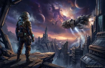 Astronauta con traje de combate en un acantilado observa una ciudad futurista bajo un cielo con planetas y una nave espacial en vuelo. Imagen generada con IA.