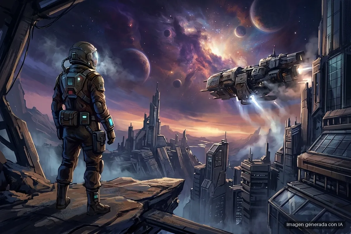 112-naughty-dog-termina-captura-intergalactic-heretic-prophet Astronauta con traje de combate en un acantilado observa una ciudad futurista bajo un cielo con planetas y una nave espacial en vuelo. Imagen generada con IA.