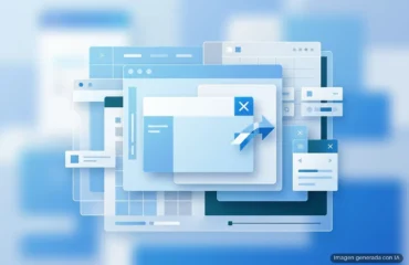 117-windows-11-boton-rechazar-avisos-onedrive-backup Múltiples ventanas de navegador en tonos azules y blancos superpuestas con una flecha de transferencia en el centro sobre fondo… Imagen generada con IA.
