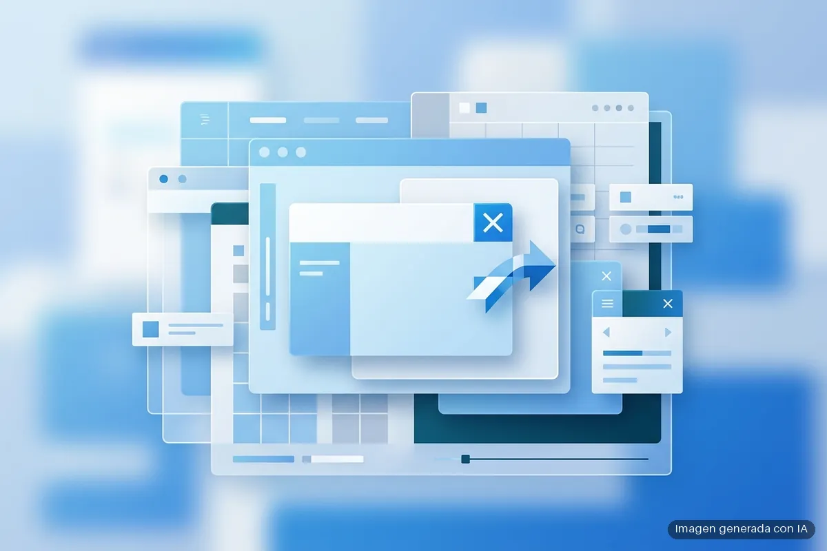 117-windows-11-boton-rechazar-avisos-onedrive-backup Múltiples ventanas de navegador en tonos azules y blancos superpuestas con una flecha de transferencia en el centro sobre fondo… Imagen generada con IA.
