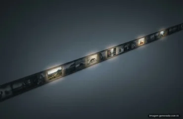 Tira de película fotográfica de 35 milímetros iluminada en diagonal sobre fondo azulado oscuro. Imagen generada con IA.