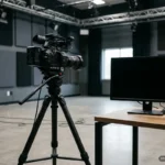 Cámara de vídeo profesional sobre trípode en un plató, frente a un monitor y una mesa de control en un estudio de grabación. Imagen generada con IA.