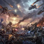 Batalla futurista entre soldados armados y criaturas alienígenas en un planeta destruido, con naves espaciales y explosiones… Imagen generada con IA.