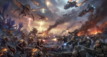 Batalla futurista entre soldados armados y criaturas alienígenas en un planeta destruido, con naves espaciales y explosiones… Imagen generada con IA.