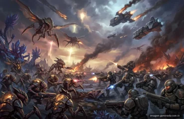 128-nexon-negocia-comprar-starcraft-a-blizzard Batalla futurista entre soldados armados y criaturas alienígenas en un planeta destruido, con naves espaciales y explosiones… Imagen generada con IA.