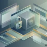 Composición 3D isométrica con ventanas de navegador, un candado, una caja fuerte y elementos de interfaz superpuestos en tonos azules… Imagen generada con IA.