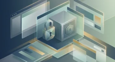 Composición 3D isométrica con ventanas de navegador, un candado, una caja fuerte y elementos de interfaz superpuestos en tonos azules… Imagen generada con IA.