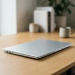 Portátil de aluminio plateado cerrado sobre una mesa de madera, con tazas y una maceta de fondo desenfocado. Imagen generada con IA.