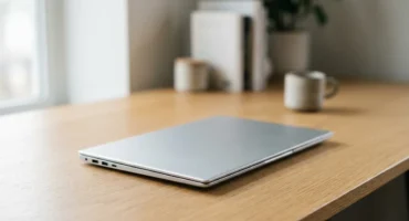 Portátil de aluminio plateado cerrado sobre una mesa de madera, con tazas y una maceta de fondo desenfocado. Imagen generada con IA.