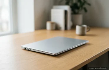 133-acer-swift-blade-14-799-gramos-macbook-air Portátil de aluminio plateado cerrado sobre una mesa de madera, con tazas y una maceta de fondo desenfocado. Imagen generada con IA.