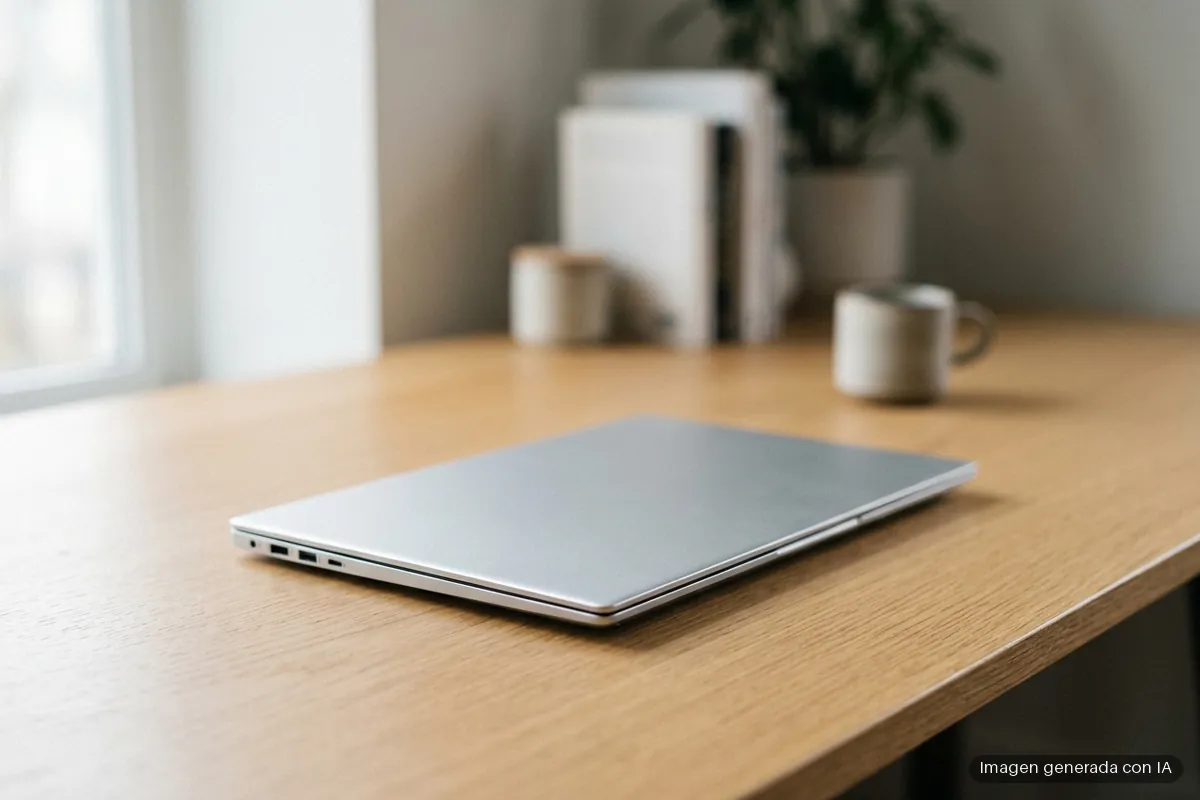 133-acer-swift-blade-14-799-gramos-macbook-air Portátil de aluminio plateado cerrado sobre una mesa de madera, con tazas y una maceta de fondo desenfocado. Imagen generada con IA.