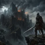 Guerrero con armadura y capa roja sosteniendo una espada frente a un castillo medieval en llamas bajo un cielo nublado y oscuro. Imagen generada con IA.