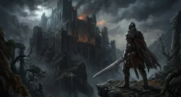 Guerrero con armadura y capa roja sosteniendo una espada frente a un castillo medieval en llamas bajo un cielo nublado y oscuro. Imagen generada con IA.
