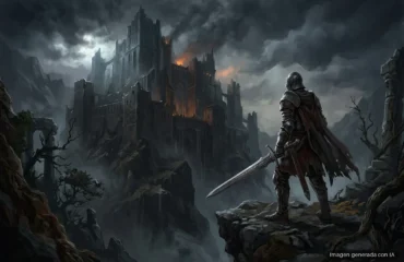 Guerrero con armadura y capa roja sosteniendo una espada frente a un castillo medieval en llamas bajo un cielo nublado y oscuro. Imagen generada con IA.