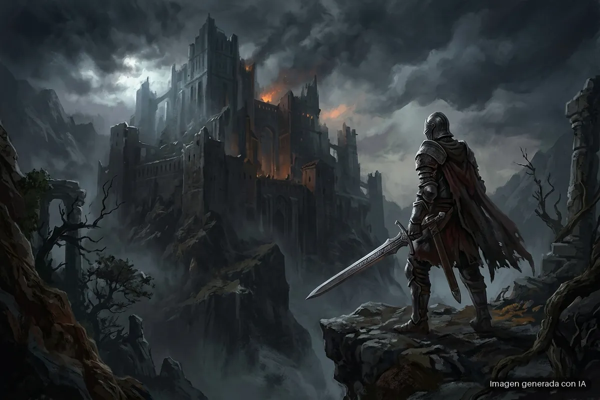 135-no-rest-for-the-wicked-retrasa-lanzamiento-1-0-marzo-2027 Guerrero con armadura y capa roja sosteniendo una espada frente a un castillo medieval en llamas bajo un cielo nublado y oscuro. Imagen generada con IA.