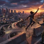 Personaje saltando entre azoteas de Los Ángeles al atardecer, con rascacielos al fondo, mientras otros personajes armados observan… Imagen generada con IA.