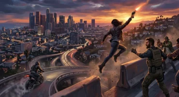 Personaje saltando entre azoteas de Los Ángeles al atardecer, con rascacielos al fondo, mientras otros personajes armados observan… Imagen generada con IA.