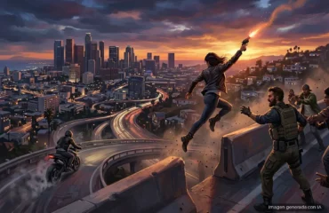 Personaje saltando entre azoteas de Los Ángeles al atardecer, con rascacielos al fondo, mientras otros personajes armados observan… Imagen generada con IA.
