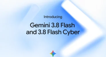 Texto que anuncia Gemini 3.8 Flash y 3.8 Flash Cyber sobre fondo azul degradado con formas geométricas blancas y logo de Google.