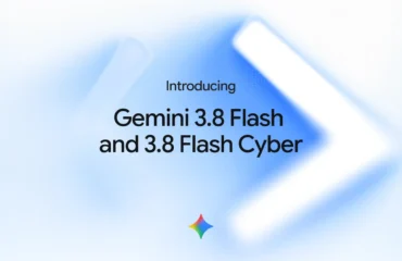 Texto que anuncia Gemini 3.8 Flash y 3.8 Flash Cyber sobre fondo azul degradado con formas geométricas blancas y logo de Google.