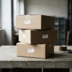 Tres cajas de cartón apiladas sobre una mesa de hormigón con etiquetas de inventario, en un almacén con ventanas y estanterías al fondo. Imagen generada con IA.