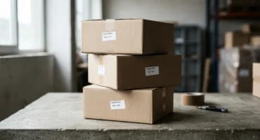 Tres cajas de cartón apiladas sobre una mesa de hormigón con etiquetas de inventario, en un almacén con ventanas y estanterías al fondo. Imagen generada con IA.