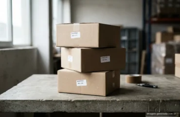 Tres cajas de cartón apiladas sobre una mesa de hormigón con etiquetas de inventario, en un almacén con ventanas y estanterías al fondo. Imagen generada con IA.