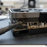 Tarjeta gráfica con disipador metálico y cables de alimentación conectados sobre una mesa de laboratorio… Imagen generada con IA.