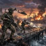 Soldados equipados con armas en una costa industrial bajo ataque, con edificios en llamas y un helicóptero volando sobre la escena… Imagen generada con IA.