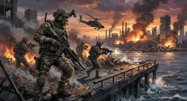 Soldados equipados con armas en una costa industrial bajo ataque, con edificios en llamas y un helicóptero volando sobre la escena… Imagen generada con IA.