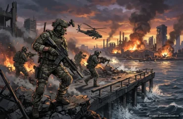 153-call-of-duty-warzone-se-despide-xbox-one-ps4 Soldados equipados con armas en una costa industrial bajo ataque, con edificios en llamas y un helicóptero volando sobre la escena… Imagen generada con IA.