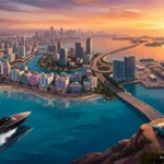 Panorámica aérea de una ciudad costera al atardecer con rascacielos, playas, un coche deportivo y lanchas motoras en el agua. Imagen generada con IA.