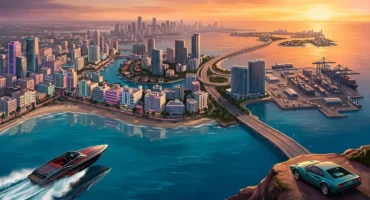 Panorámica aérea de una ciudad costera al atardecer con rascacielos, playas, un coche deportivo y lanchas motoras en el agua. Imagen generada con IA.