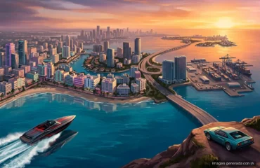 158-gta-vi-vice-city-doble-grande-los-santos Panorámica aérea de una ciudad costera al atardecer con rascacielos, playas, un coche deportivo y lanchas motoras en el agua. Imagen generada con IA.
