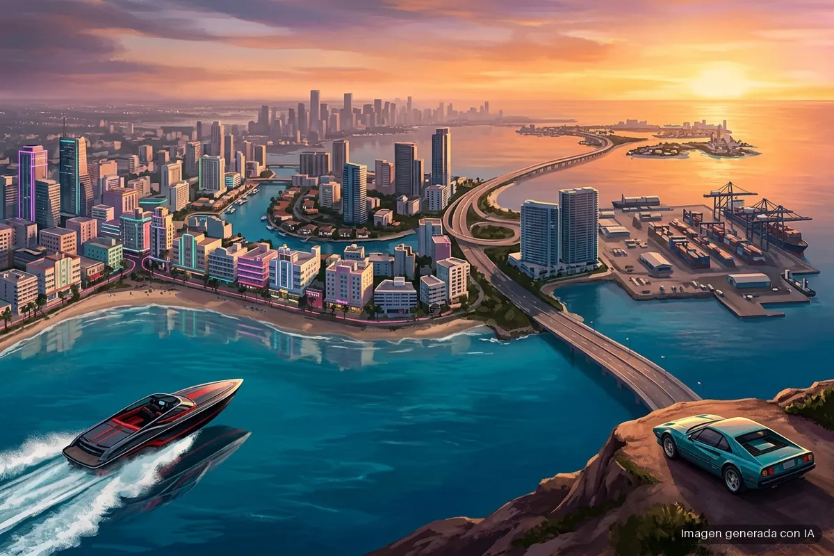 158-gta-vi-vice-city-doble-grande-los-santos Panorámica aérea de una ciudad costera al atardecer con rascacielos, playas, un coche deportivo y lanchas motoras en el agua. Imagen generada con IA.