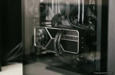 159-rtx-5060-dlss-5-nba-2k27-250-fps Interior de caja de ordenador con tarjeta gráfica de doble ventilador y cables trenzados negros conectados. Imagen generada con IA.