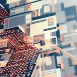 Estructura tridimensional abstracta con paneles grises y naranjas, placas de circuitos rojo brillante conectadas por cables… Imagen generada con IA.