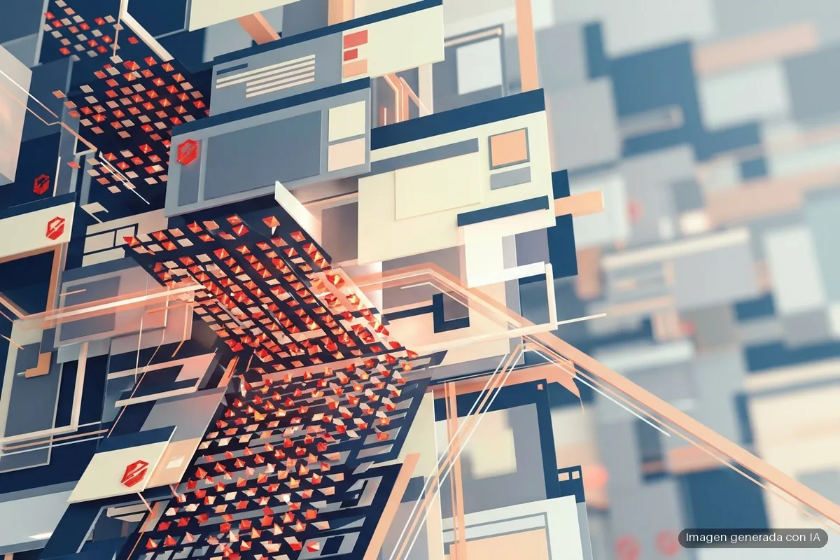 160-casi-22000-servidores-exchange-sin-parchear-fallo-critico Estructura tridimensional abstracta con paneles grises y naranjas, placas de circuitos rojo brillante conectadas por cables… Imagen generada con IA.