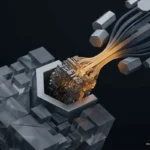 Circuito electrónico dorado con conexiones y cables que salen hacia cilindros metálicos sobre bloques grises sobre fondo negro. Imagen generada con IA.