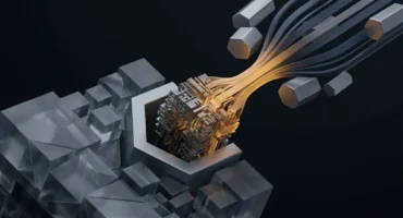 Circuito electrónico dorado con conexiones y cables que salen hacia cilindros metálicos sobre bloques grises sobre fondo negro. Imagen generada con IA.