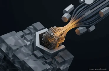 Circuito electrónico dorado con conexiones y cables que salen hacia cilindros metálicos sobre bloques grises sobre fondo negro. Imagen generada con IA.