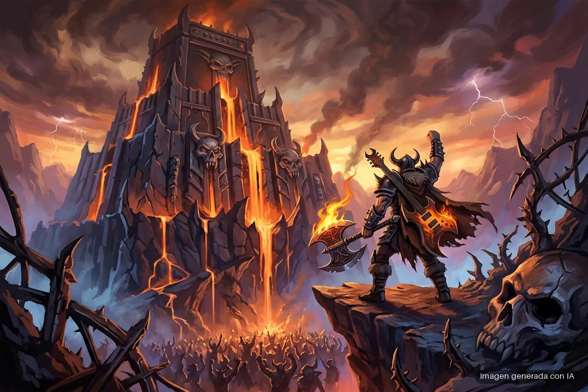 162-double-fine-brutal-legend-2-kickstarter-amnesia-fortnight Torre de piedra oscura en llamas con un guerrero con armadura y hacha ardiente sobre una roca, bajo un cielo tormentoso con rayos. Imagen generada con IA.