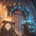 Biblioteca subterránea de estilo industrial-fantástico con estanterías de piedra iluminadas en azul y naranja… Imagen generada con IA.