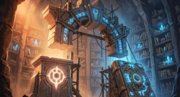 Biblioteca subterránea de estilo industrial-fantástico con estanterías de piedra iluminadas en azul y naranja… Imagen generada con IA.