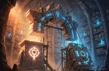 163-nexus-mods-compra-steamdb Biblioteca subterránea de estilo industrial-fantástico con estanterías de piedra iluminadas en azul y naranja… Imagen generada con IA.