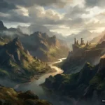 Valle de montañas escarpadas con un río serpenteante, ruinas de un castillo en una meseta a la derecha y cielo nublado con rayos de luz. Imagen generada con IA.