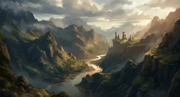 Valle de montañas escarpadas con un río serpenteante, ruinas de un castillo en una meseta a la derecha y cielo nublado con rayos de luz. Imagen generada con IA.